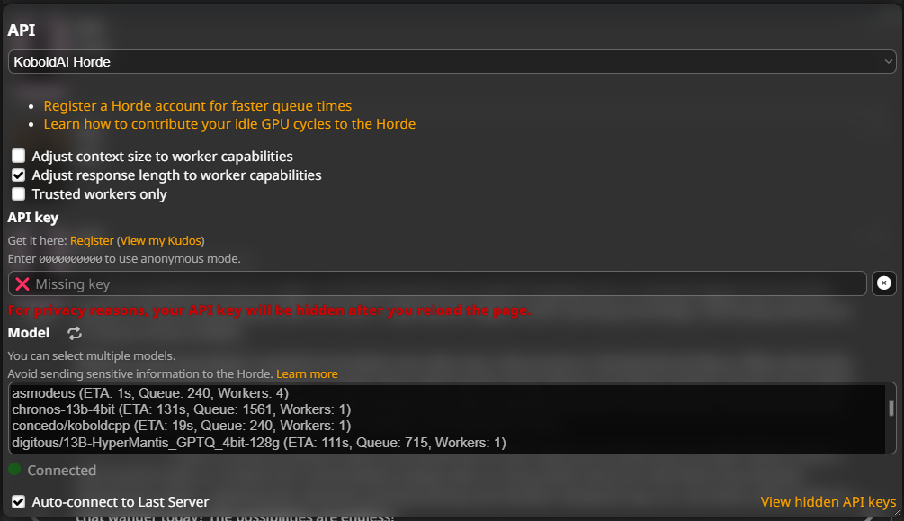 ST Kobold Horde API Connection Panel
